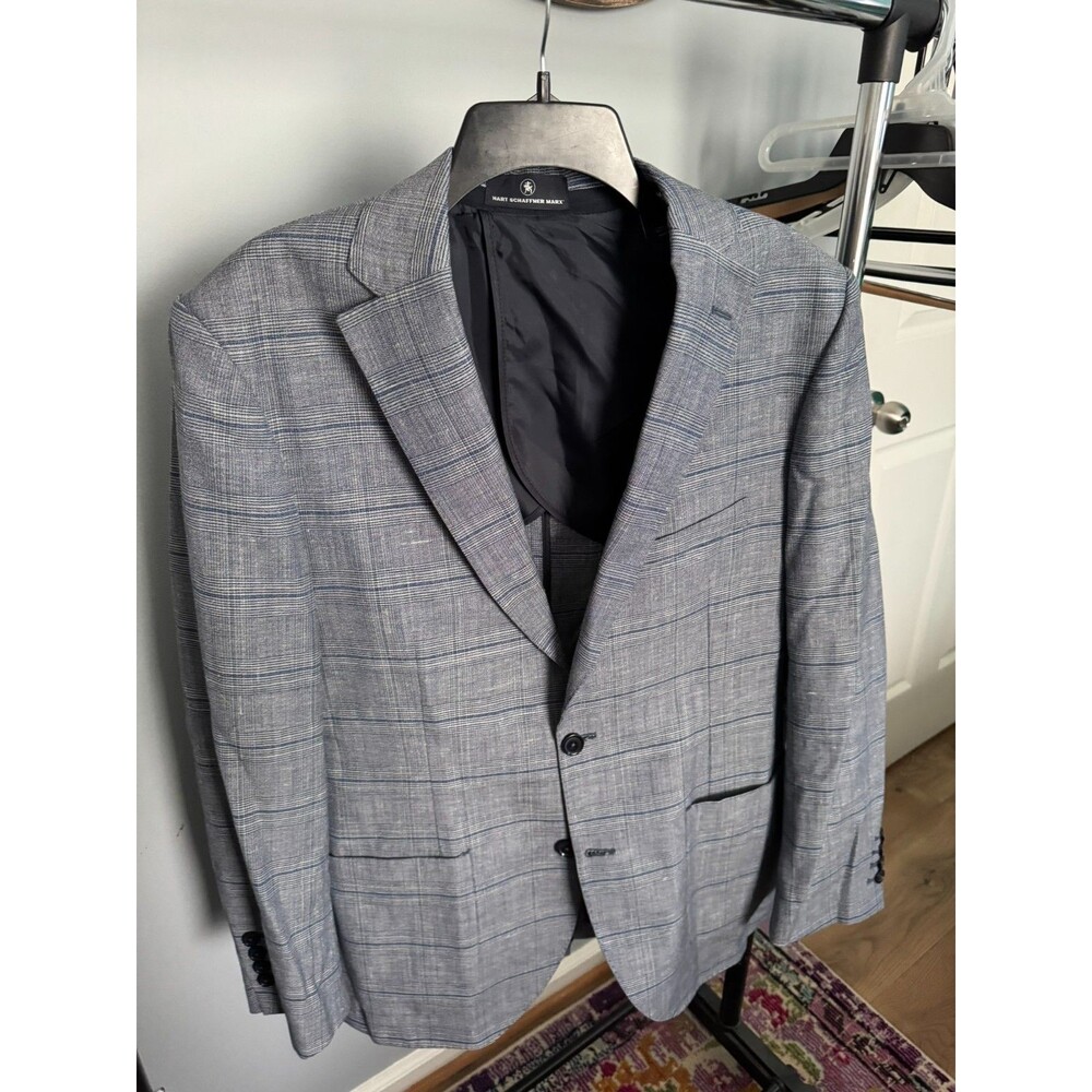 Hart Schaffner Marx Sport Coat L Glen Plaid Wool Linen Silk Blazer Gray Blue 40R